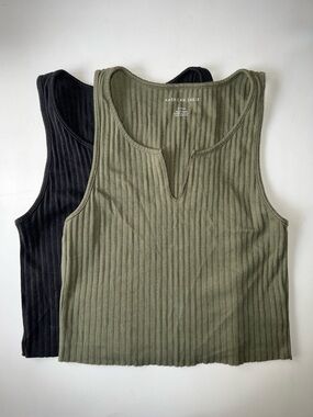 AEO Ribbed Cropped Tank Top - Olive Green & Dark Grey